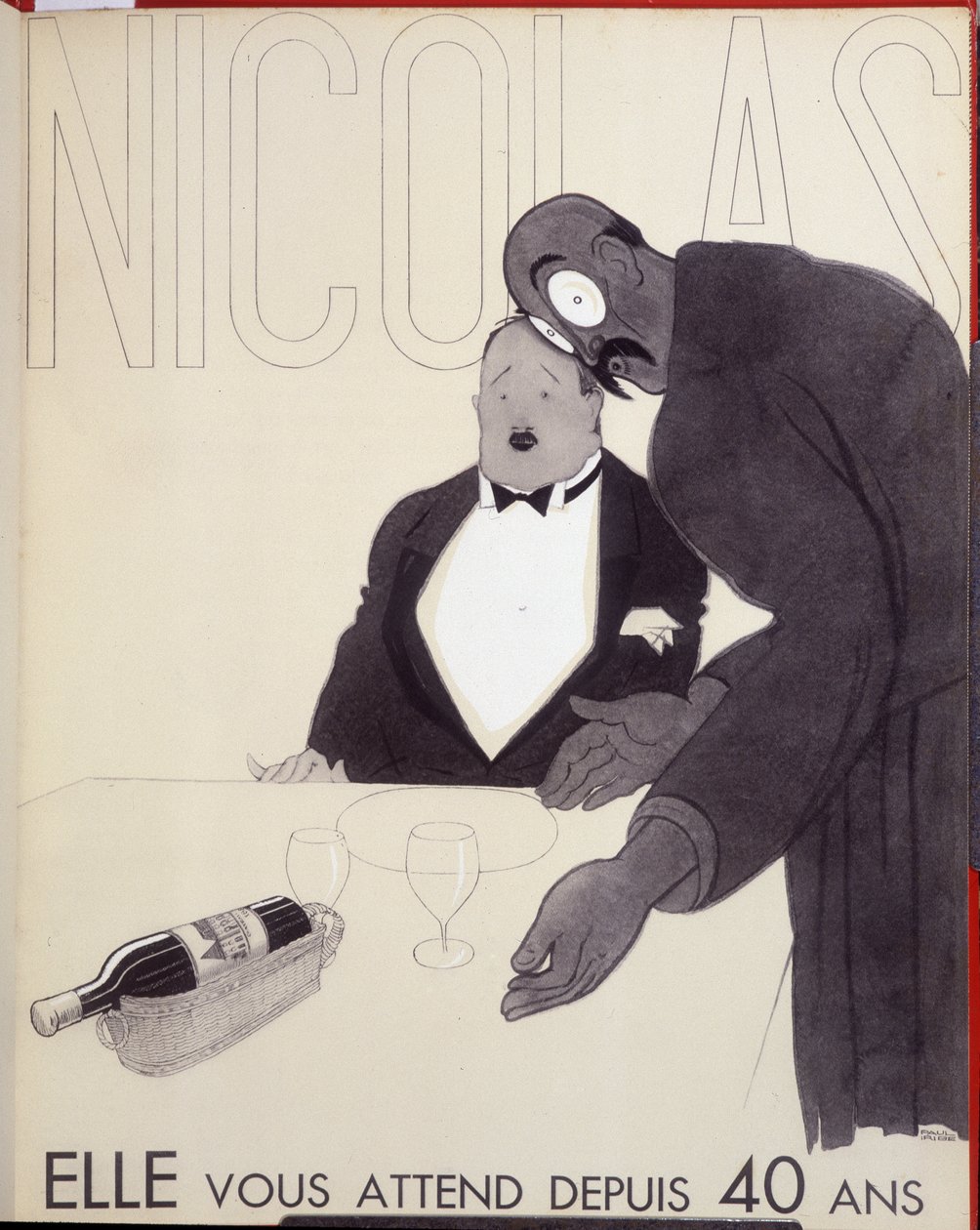 40 yıldır sizi bekliyor Bir restoranın garsonu bir şişe şarap tasarlayarak müşteriye hitap ediyor. - Paul Iribe (1883-1935) tarafından çizilen Nicolas için reklam by Paul Iribe