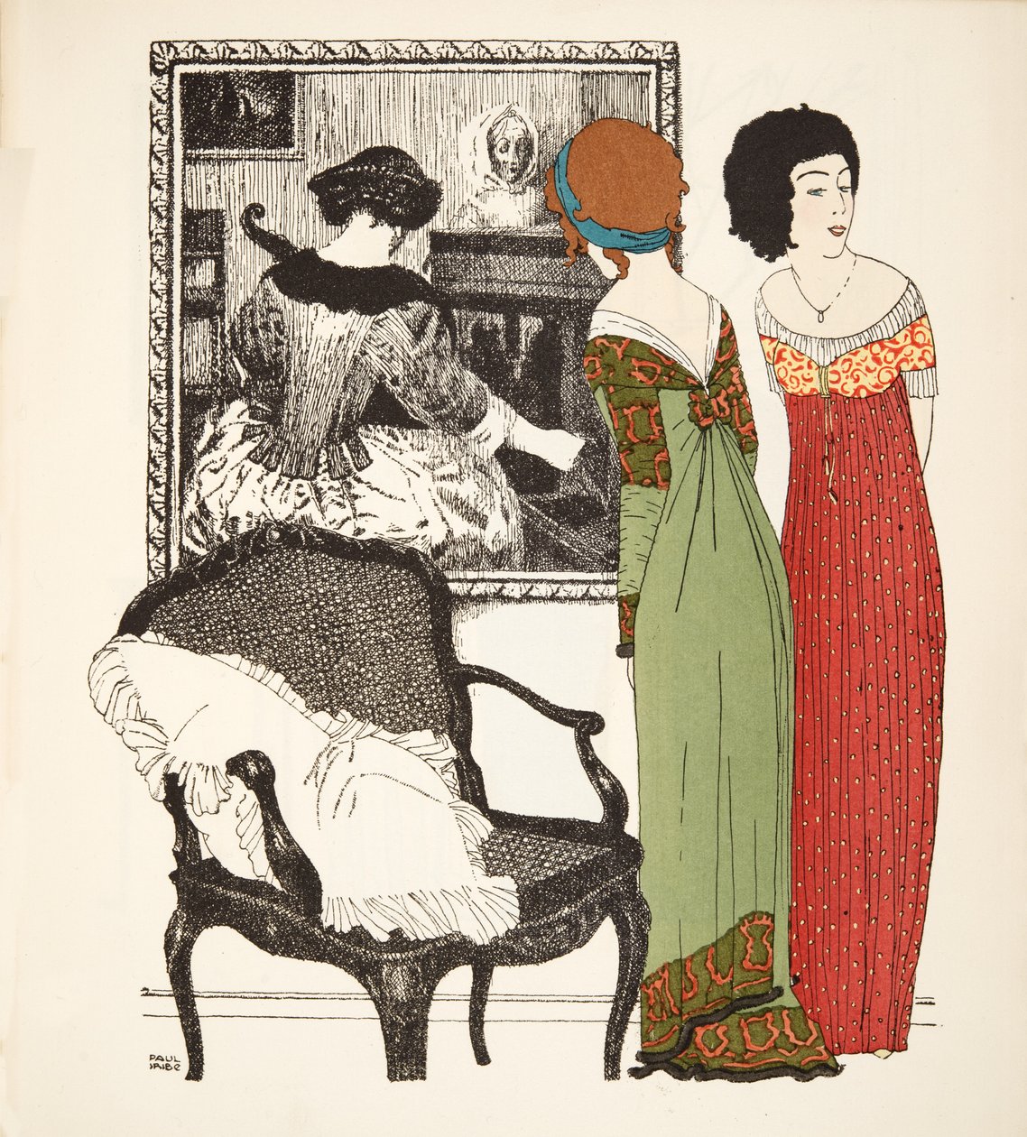 Les Robes de Paul Poiret pubından iki imparatorluk çizgisi elbisesi. 1908 (kalıp baskısı) by Paul Iribe