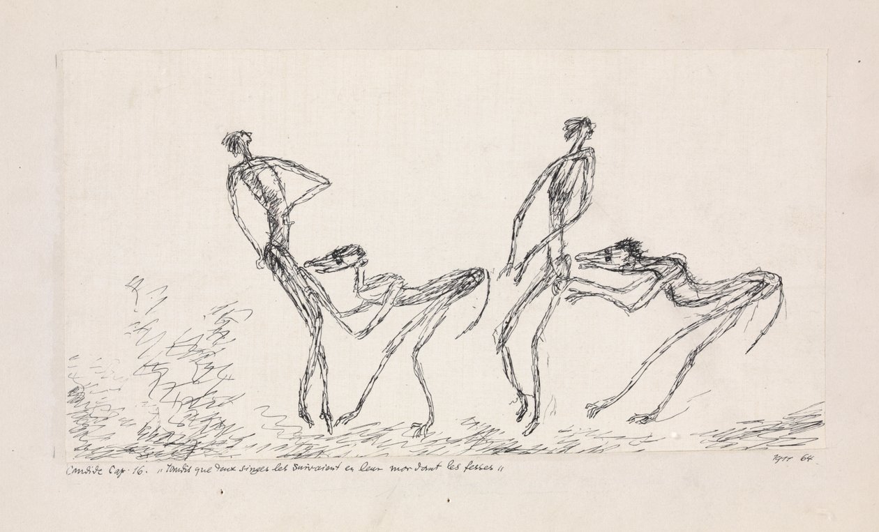 Candide, bölüm 16. İki maymun onları kalçalarını ısırarak takip ederken, 1911. by Paul Klee