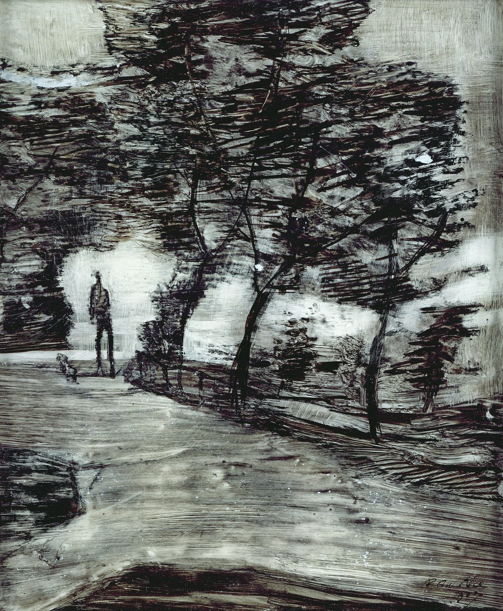 Uzun boylu adam ve köpek ile park yolu by Paul Klee