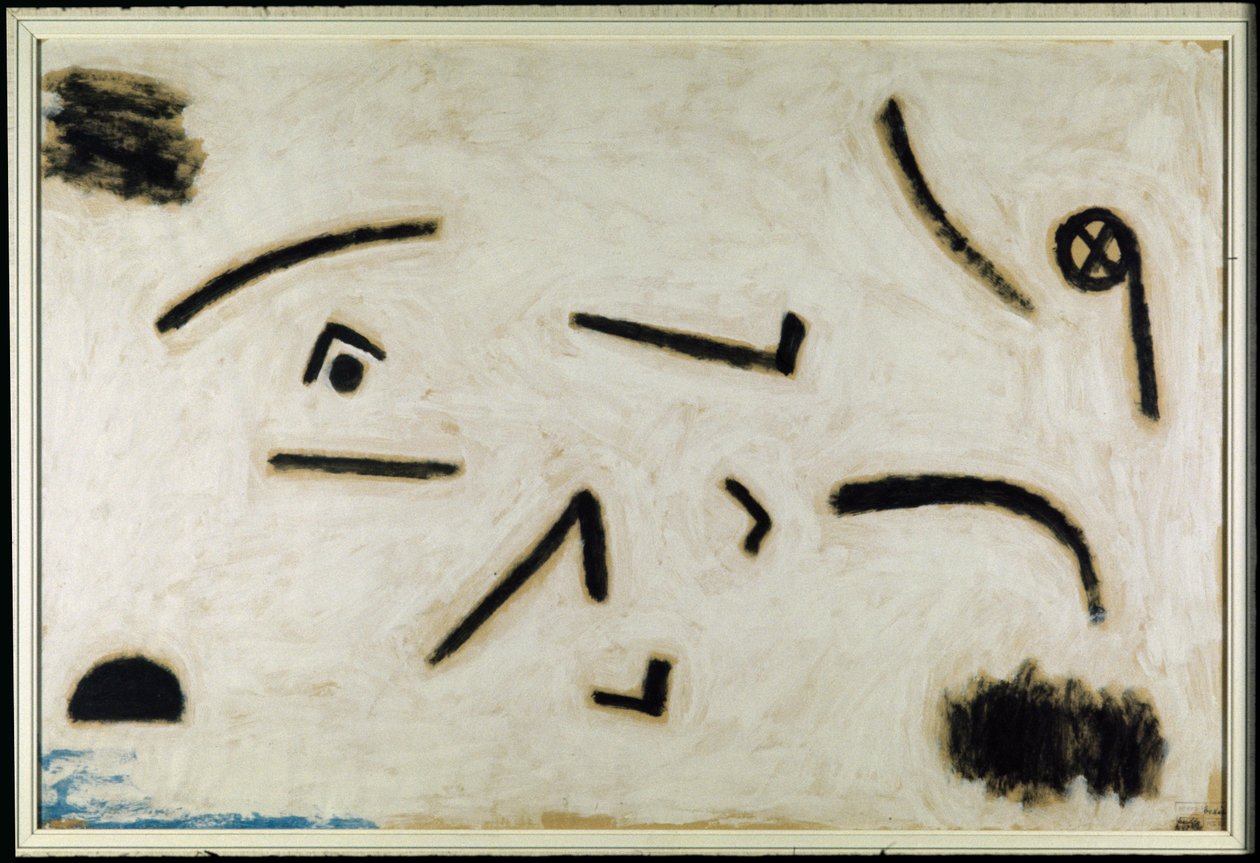 İsimsiz (siyah zemin üzerine işaretler), C.1940 (kağıt üzerine renkli ve yapışkanlı) by Paul Klee