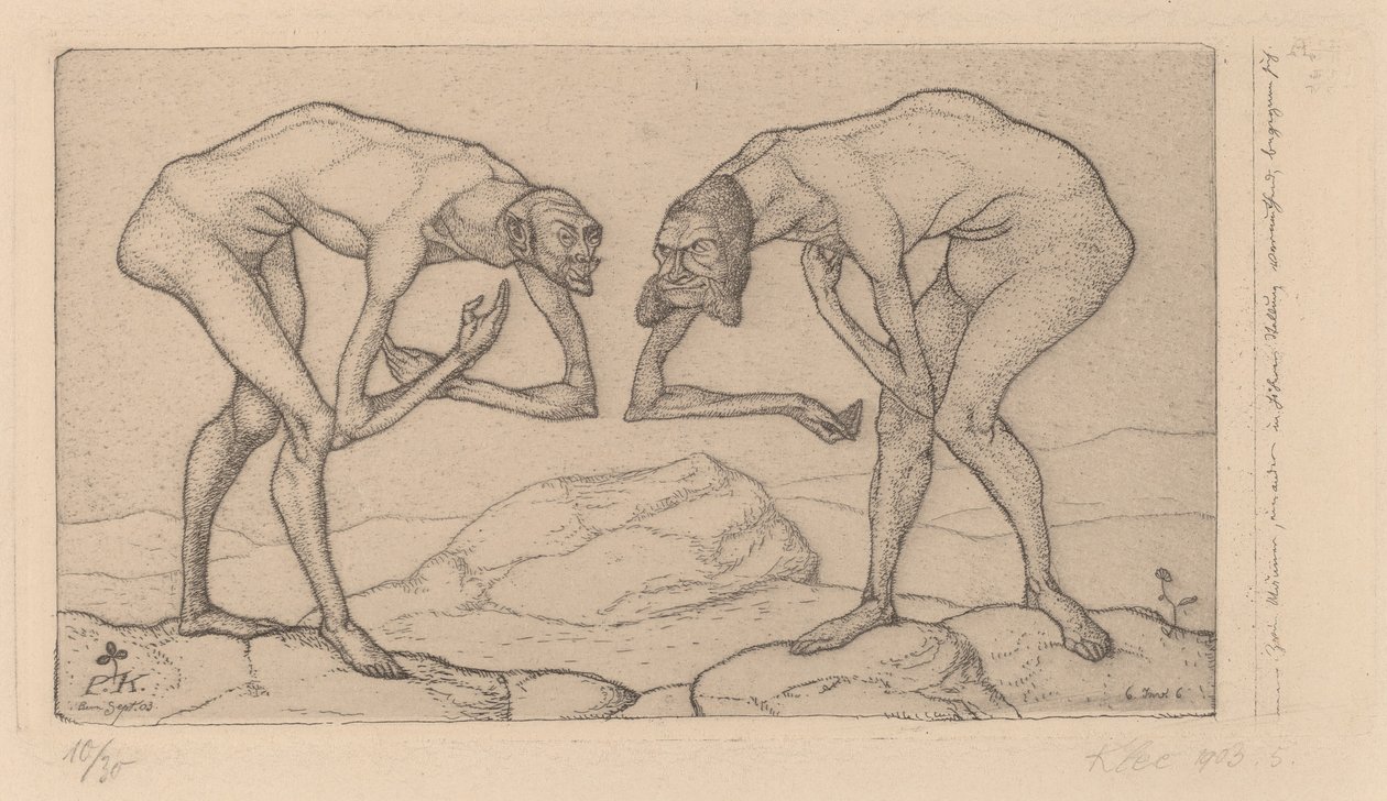 Birbirlerinin daha yüksek rütbede olduğuna inanan iki adam karşılaşır (İki Adam Buluşur, Her Biri Diğerinin Daha Yüksek Derecede Olduğuna İnanır) by Paul Klee