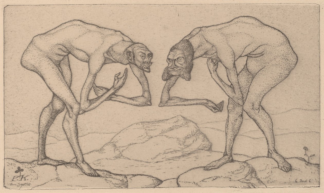 Birbirlerinin daha yüksek bir konumda olduğunu varsayan iki adam, Two Men Meet ile tanışır..., 1903. by Paul Klee