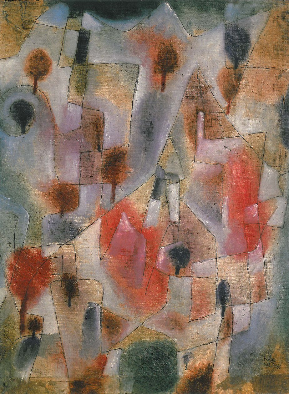 mavi ve kırmızı ağaçlarla dolu manzara, 1920. by Paul Klee