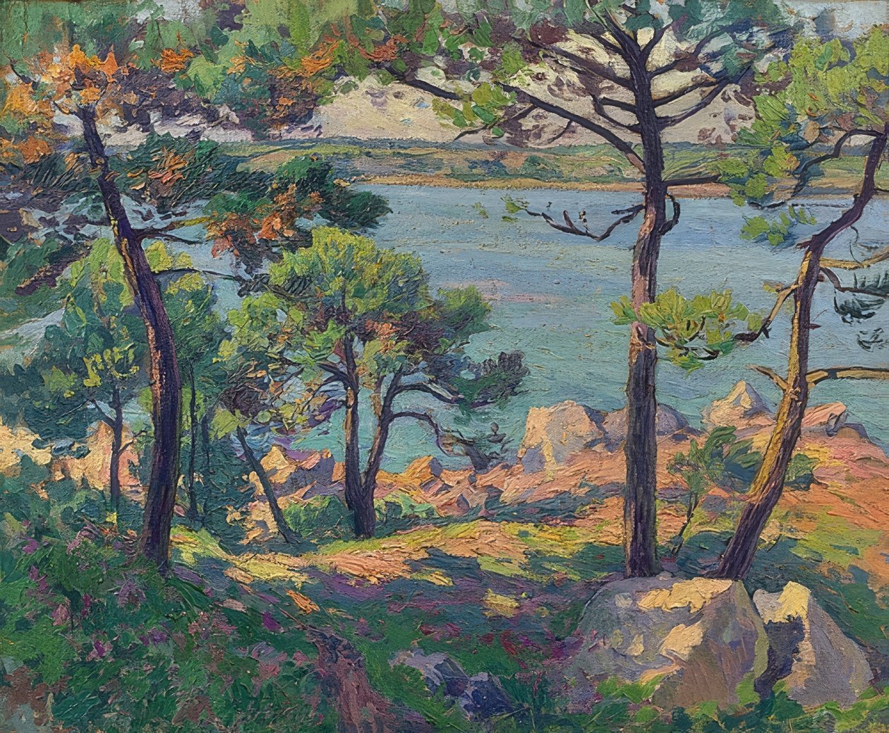 Trieux Nehri üzerindeki çam ağaçları. 1913 by Paul Madeline