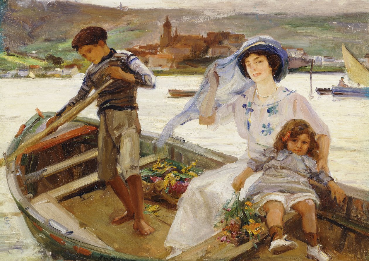 Bir Anne ve Çocuk, Ötesinde Bir Kasaba Olan Bir Nehrin Ötesinde Feribotla Geçiyor by Paul Michel Dupuy