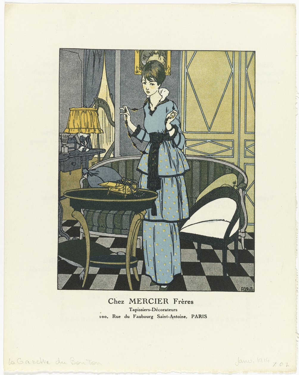 Gazette du Bon Ton, 1914 - No. 1: Chez MERCIER Frères / Döşemeciler - Dekoratörler (nesne üzerindeki başlık) by Paul Méras
