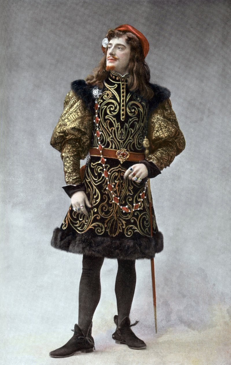 Fransız komedyen Jean Perier (1869-1954) Paris'teki "La reine Fiammette" operasında Giorgio d'Ast rolünde, fotoğraf Paul Nadar'ın Fransız gazetesi "Le Theatre"dan Şubat 1904 by Paul Nadar