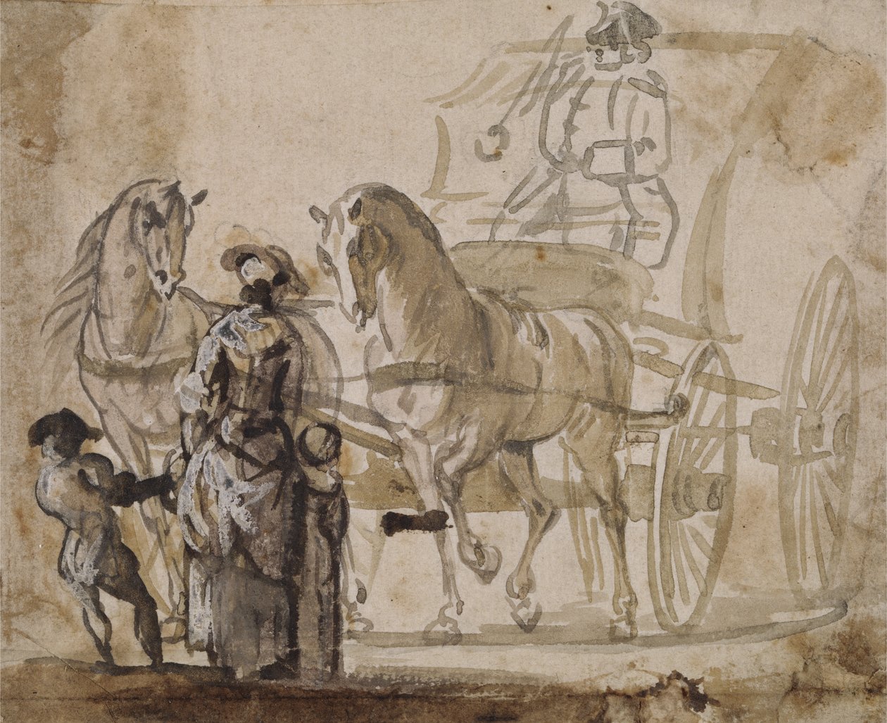 Bir Araba ve Çift, Coachman ile (kağıt üzerinde beyaz ile yükseltilmiş gri ve kahverengi yıkama) by Paul Sandby