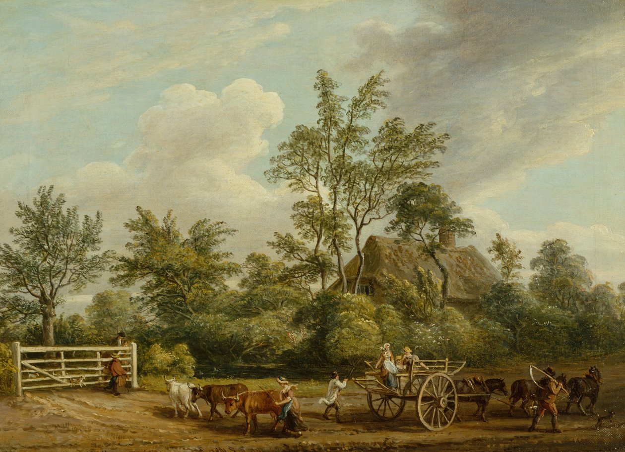 Easton Park, Suffolk yakınlarındaki Çiftlik İşçileri ve Sığırları olan bir Saman Arabası (tuval üzerine yağlı boya) by Paul Sandby