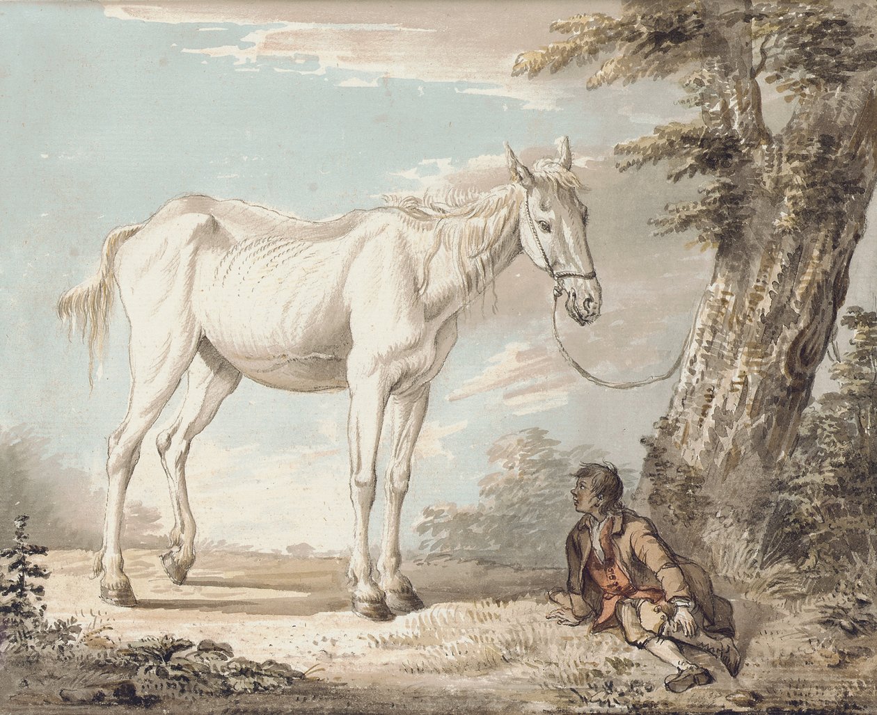 Ağaca Bağlı Yaşlı Gri Bir At, Yakınlarda Dinlenen Bir Çocuk by Paul Sandby
