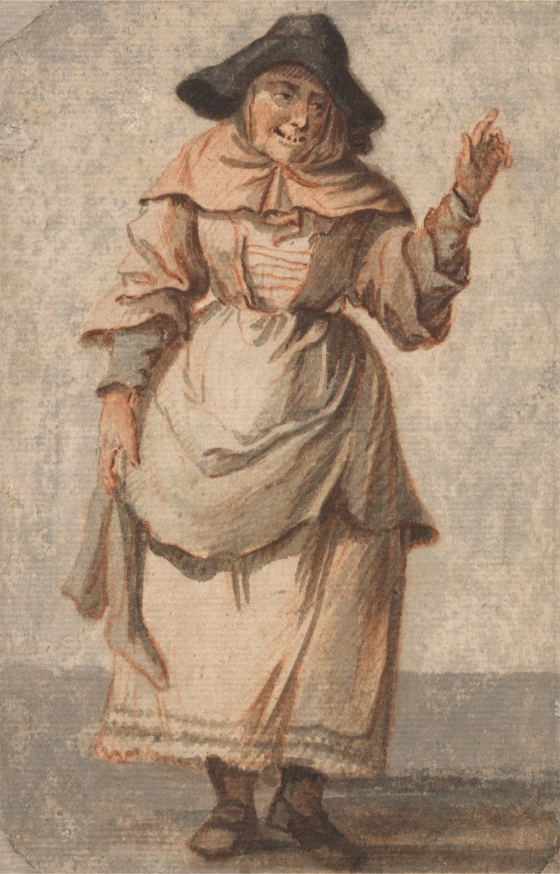 Gülümseyen ve sol eliyle işaret eden yaşlı bir pazarcı kadın by Paul Sandby