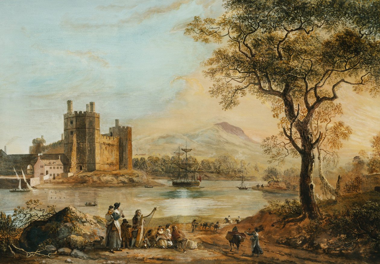 Ön planda bir Harper ile Caernarvon Kalesi, by Paul Sandby