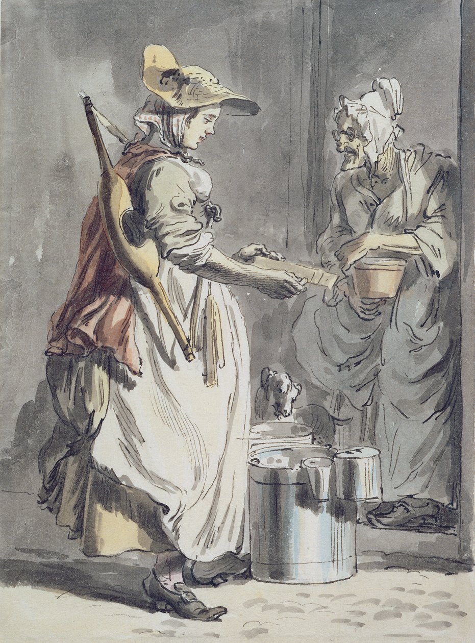 London Cries: A Milkmaid, c.1759 (kalem ve mürekkep fırçası, kağıt üzerine suluboya ve grafit) by Paul Sandby