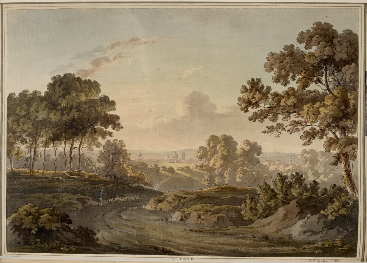 Oxford [grafik]. Gün batımının parıltısıyla aydınlatılan ufukta görülebilen Oxford'a giden yolda koyun güden çoban. by Paul Sandby