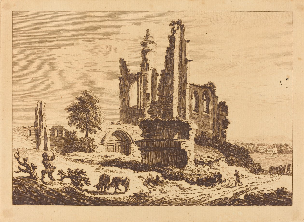 Sığır ve Odun Doğrayan Bir Adam ile Harap Manastır by Paul Sandby