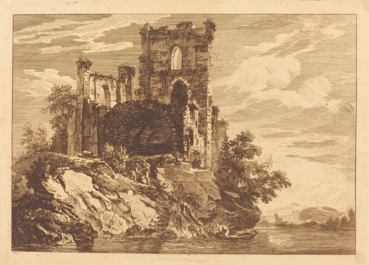 Teknede Bir Adamla Nehir Kenarındaki Harabeler by Paul Sandby