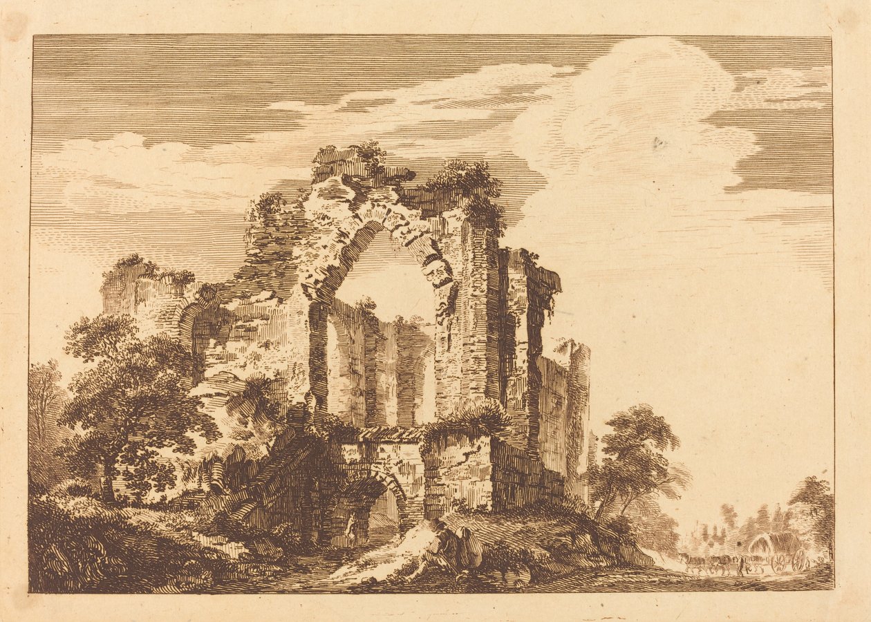 Uzakta Oturan Bir Adam ve Kapalı Bir Vagon ile Harabeler by Paul Sandby
