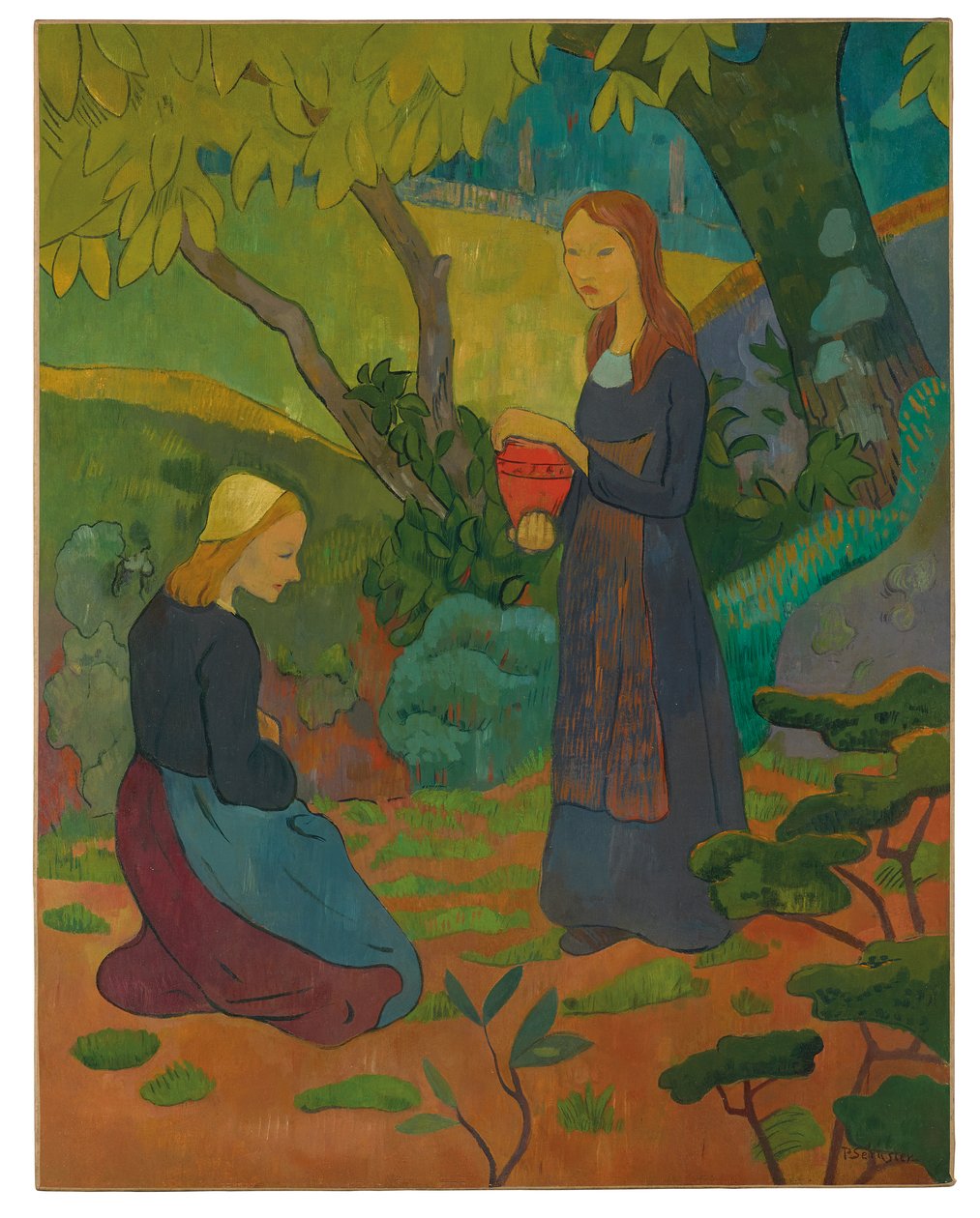Vermilyon pot ve diz çökmüş küçük kız ile genç Breton kız by Paul Sérusier