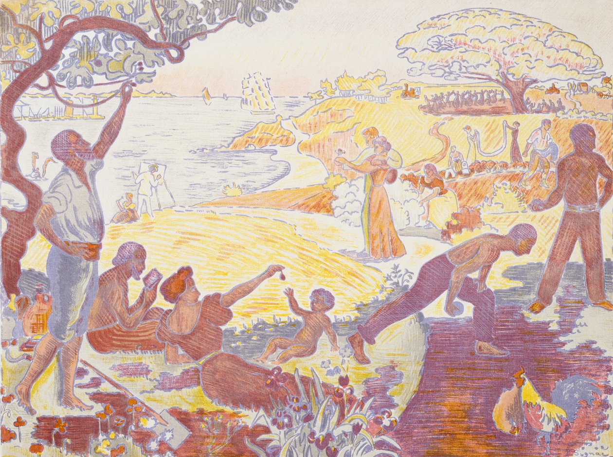 Uyum Zamanında: Yaşam Sevinci - Deniz kenarında Pazar by Paul Signac