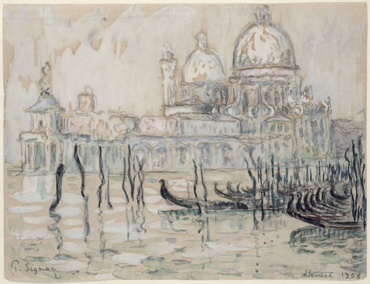 Venedik veya The Gondolas, 1908 (kağıt üzerinde siyah tebeşir ve tuvalet) by Paul Signac