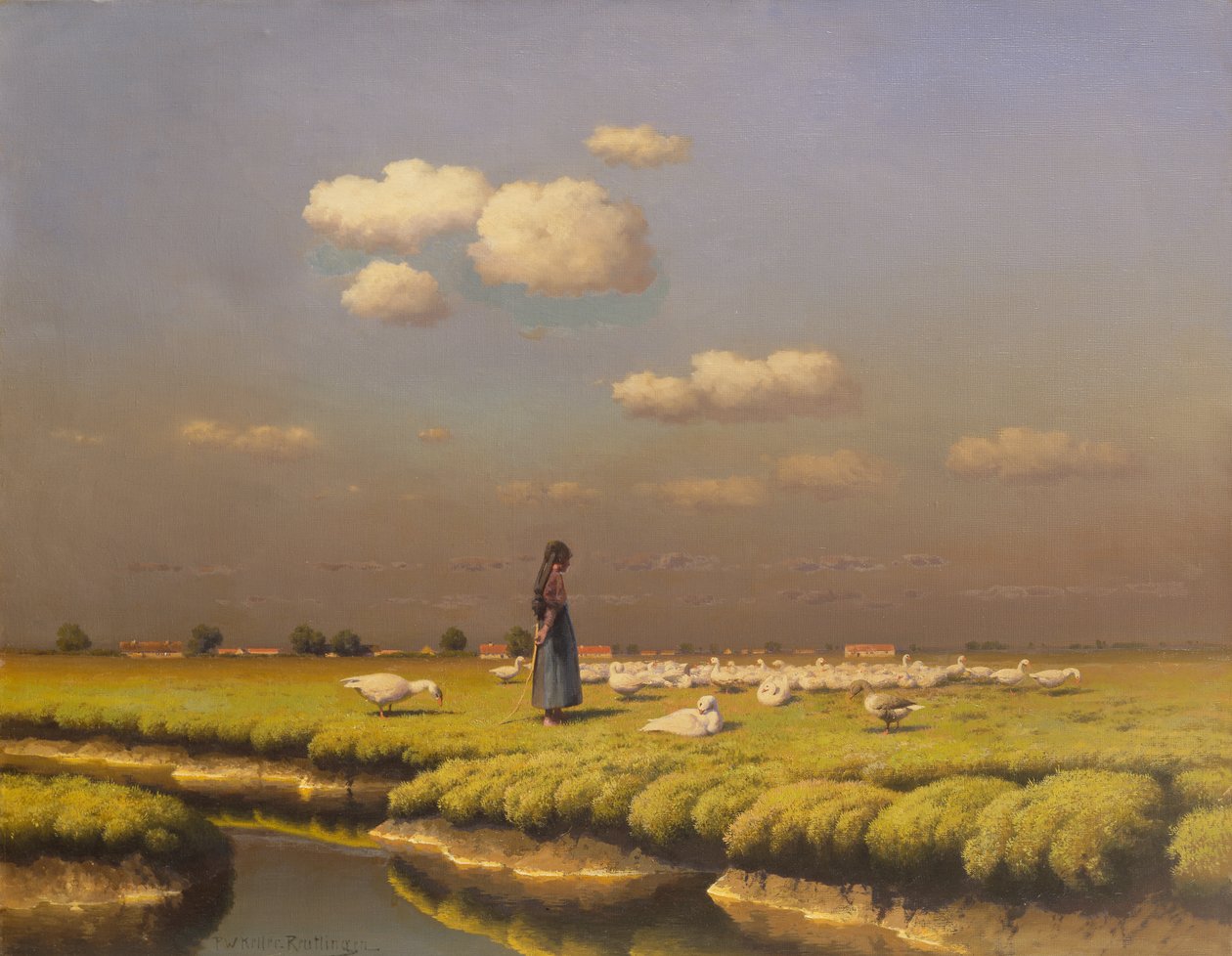 Kaz Kız ile Manzara (tuval üzerine yağlı boya) by Paul Wilhelm Keller Reutlingen