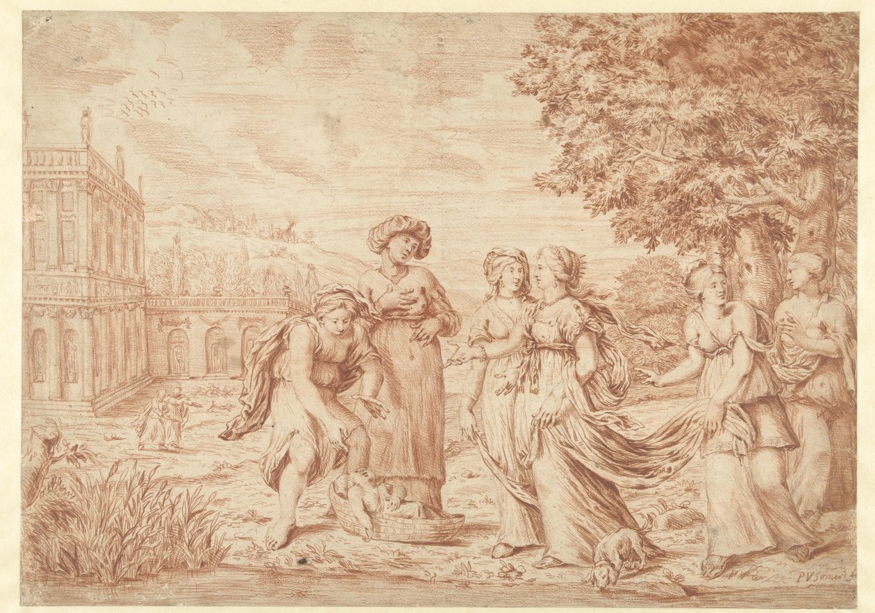 Firavun'un kızı, Musa'yı acele sepetinde bulur by Paul van Somer (II)