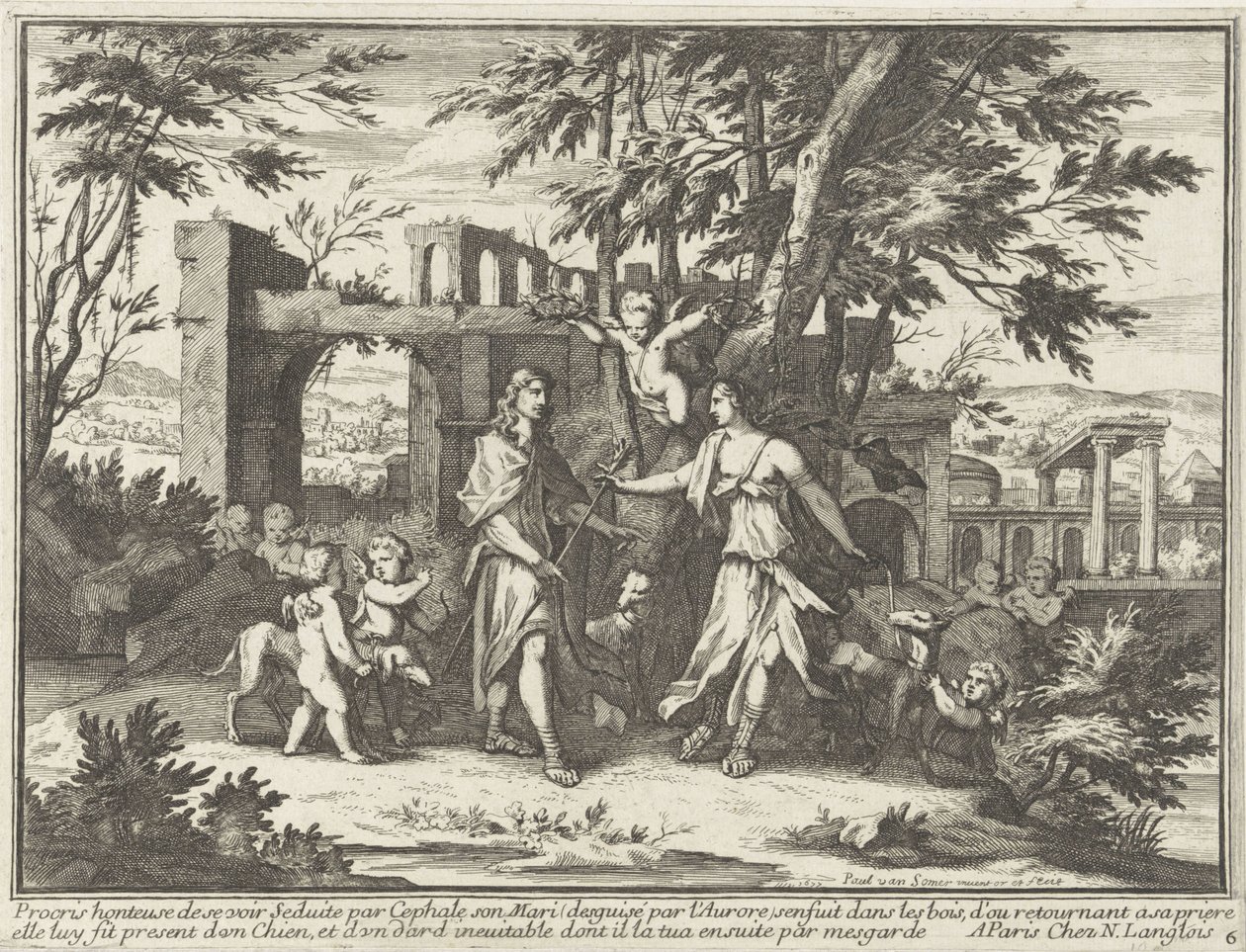 Procris ve Kılık değiştirmiş Cephalus Manzaralardaki mitolojik temsiller (dizi başlığı) by Paul van Somer (II)