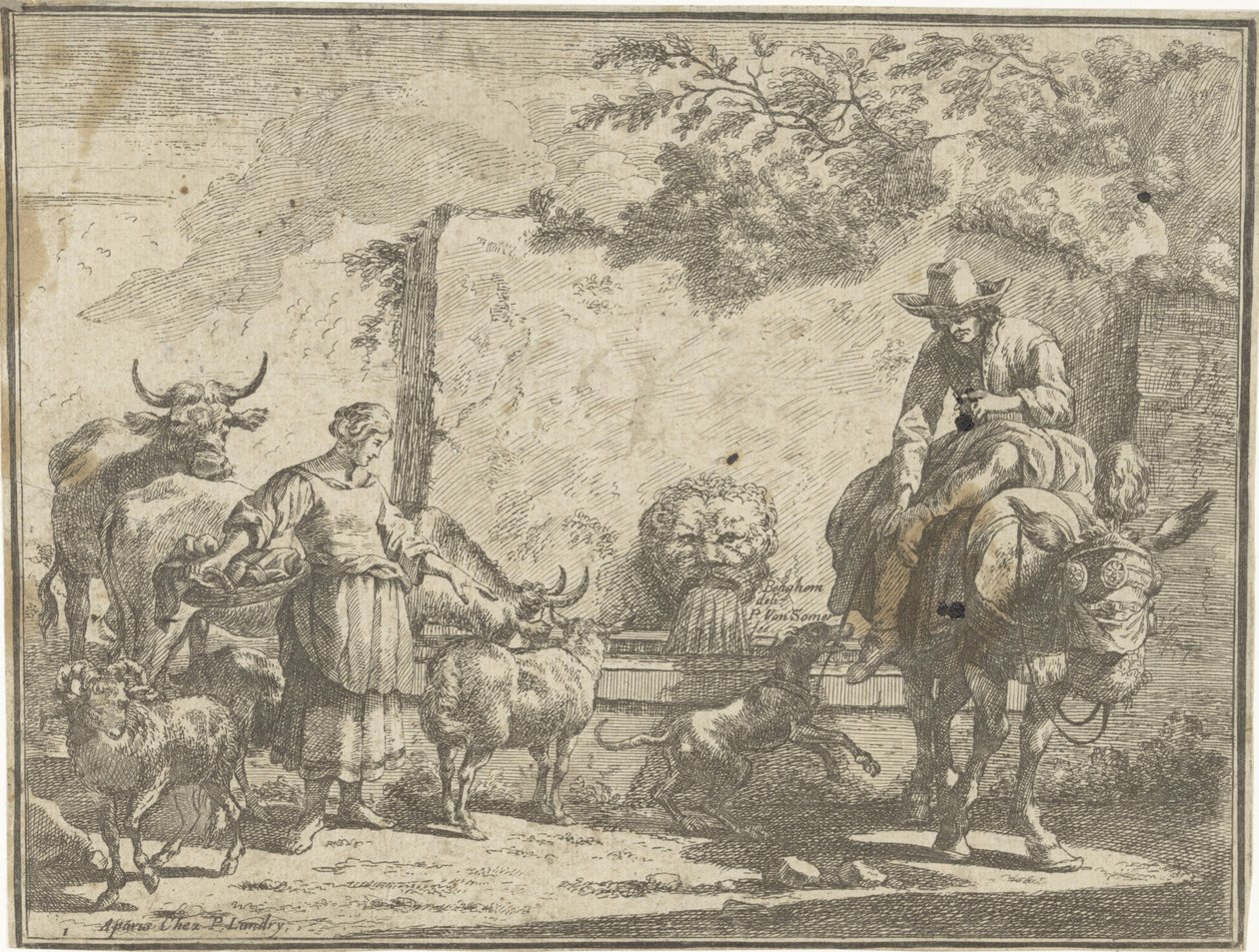 Vrouw en een man op een ezel bij een waterbron Pastorale landschappen (series title) by Paul van Somer (II)