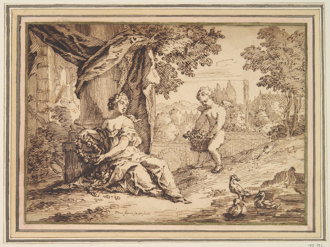 Putto ile Sütunun Altında Oturan Kadınlar by Paul van Somer