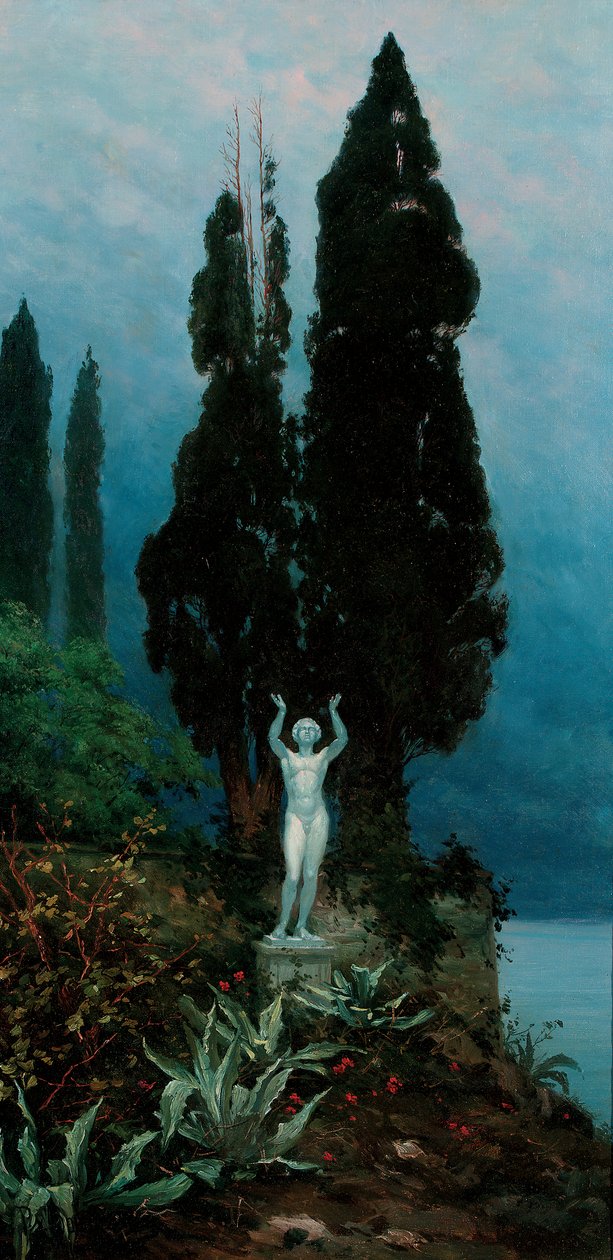 Bir göl manzarasında bir heykel by Paul von Spaun