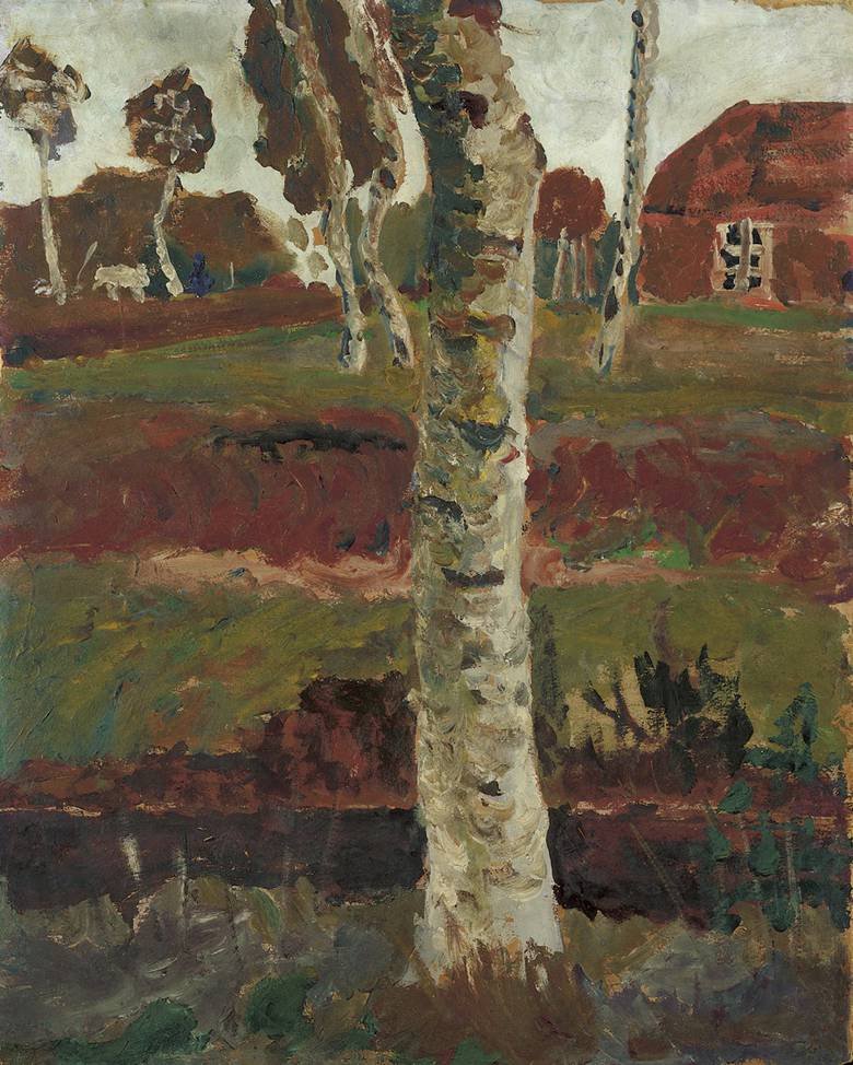 Ev ile manzara önünde hendekte huş ağacı gövdesi by Paula Modersohn-Becker