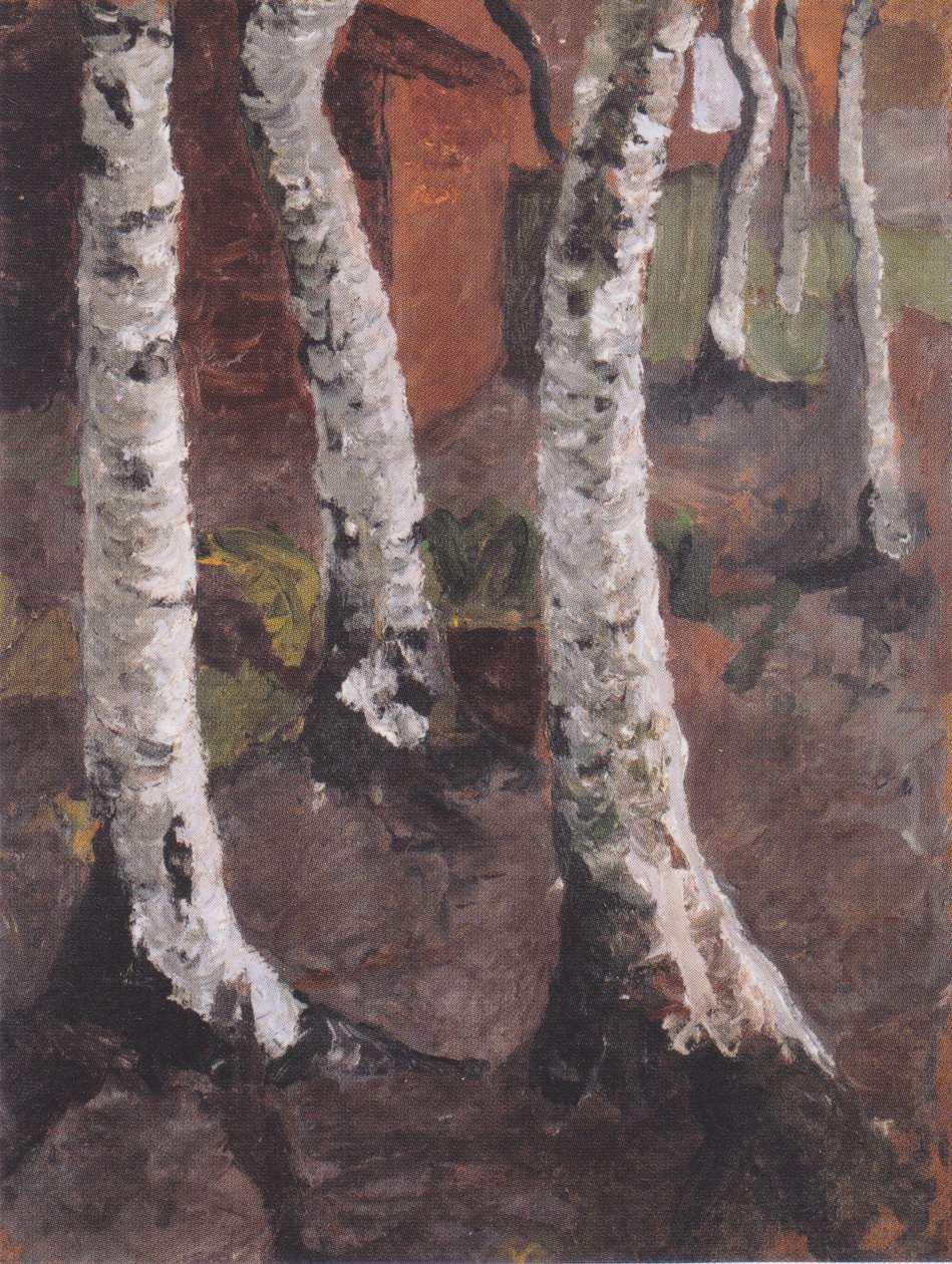 Kırmızı çiftliğin önünde huş ağacı gövdeleri by Paula Modersohn Becker