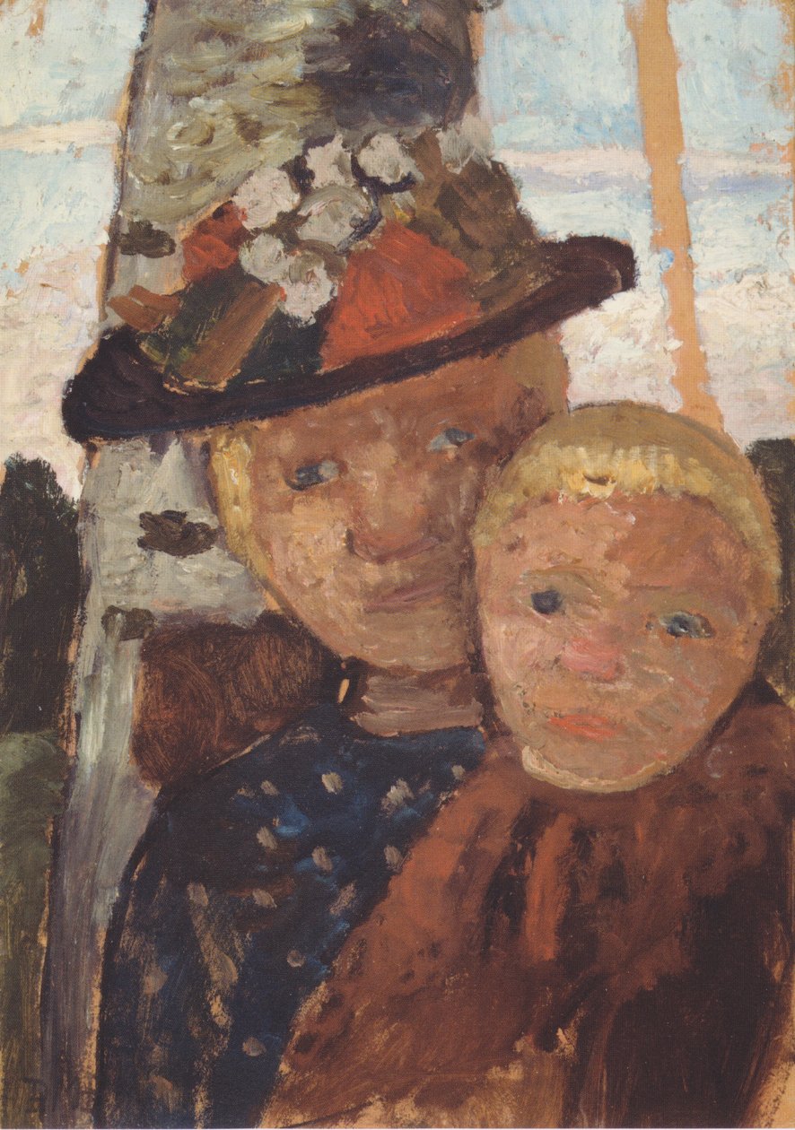 Çiçekli şapkalı bir kızın ve bir çocuğun yarım boy portresi by Paula Modersohn Becker