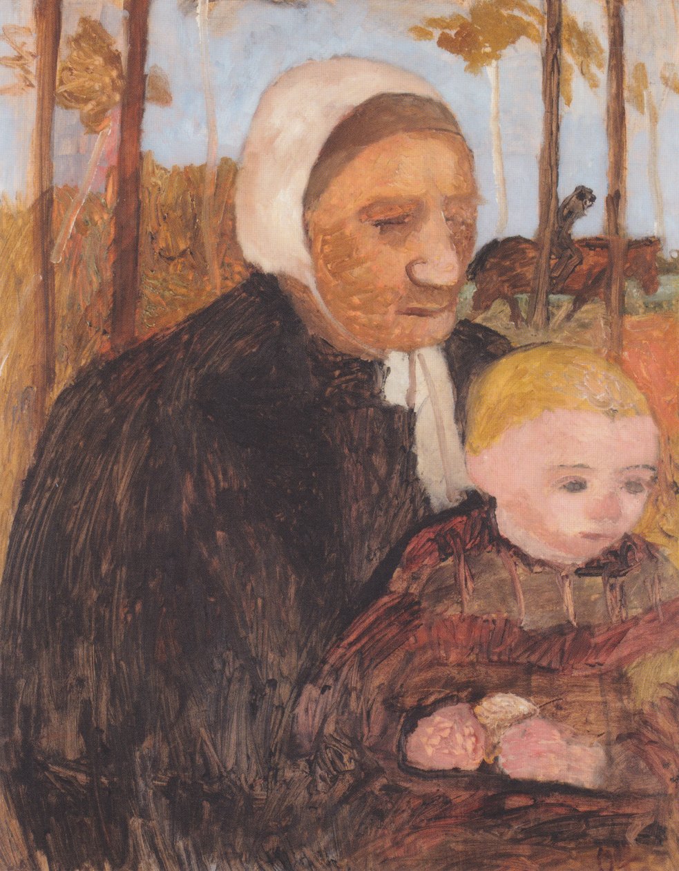 Çocuklu köylü kadın, arka planda bir binici by Paula Modersohn Becker