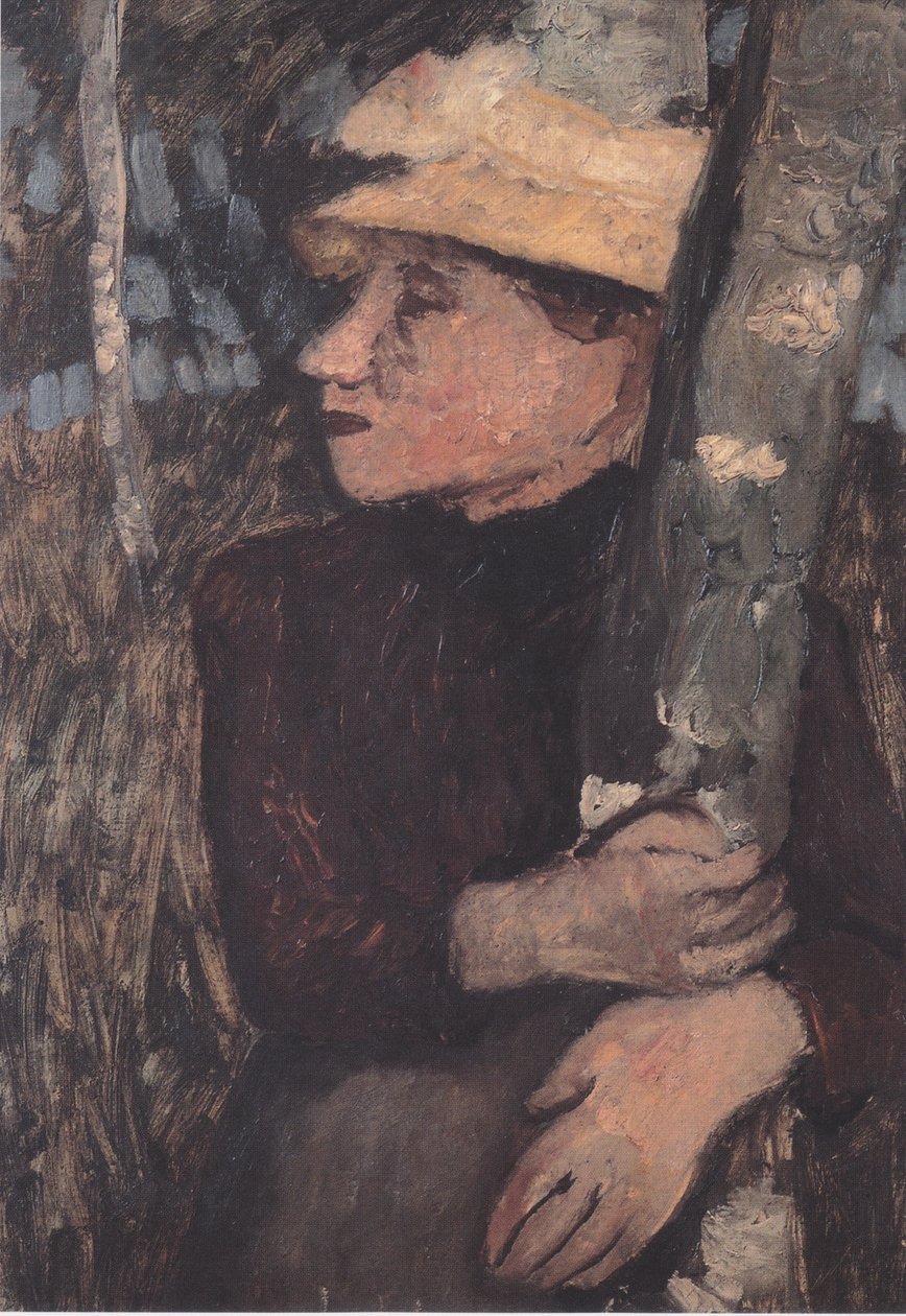 Huş ağaçları arasında hasır şapkalı kadın by Paula Modersohn Becker