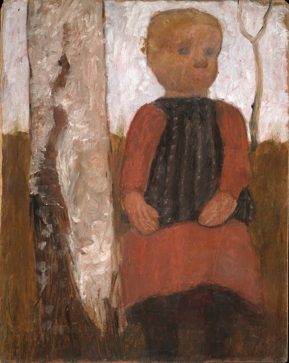 Huş ağacı gövdesi üzerinde kırmızı elbiseli çocuk by Paula Modersohn Becker