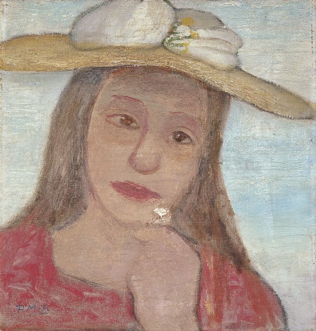 Hasır şapkalı ve kaldırdığı elinde çiçek olan genç bir kızın başı. by Paula Modersohn Becker