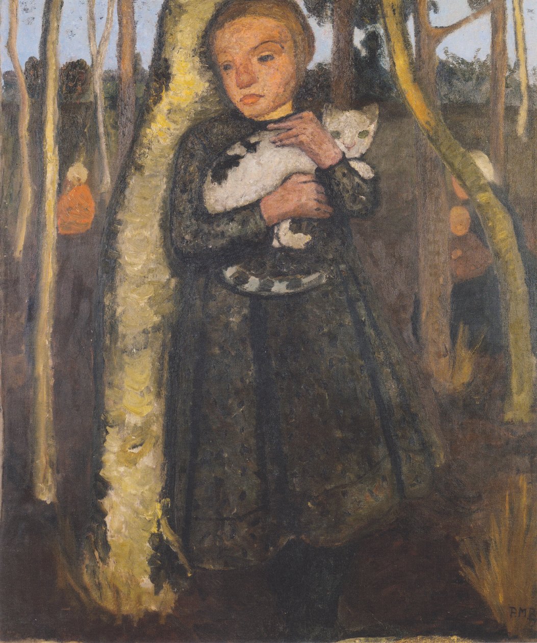 Bir kedi ile huş ormandaki kız by Paula Modersohn Becker