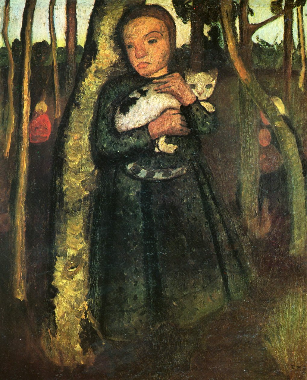 Huş ormanında kedisi olan kız by Paula Modersohn Becker