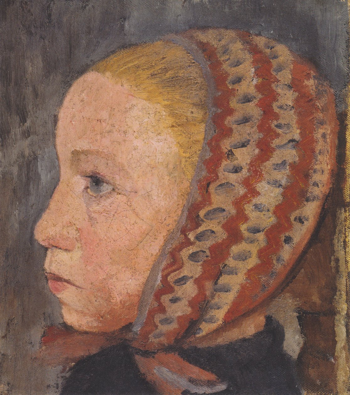 Soldaki profilde çizgili şapkalı kızın kafası by Paula Modersohn Becker