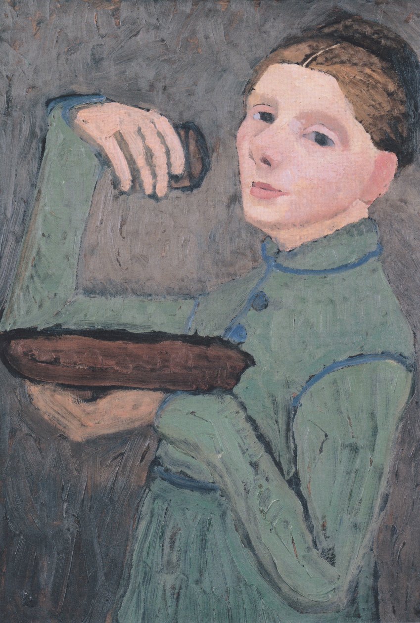 Otoportre, solda yarım figür, bir kase ve bir bardak tutuyor by Paula Modersohn Becker