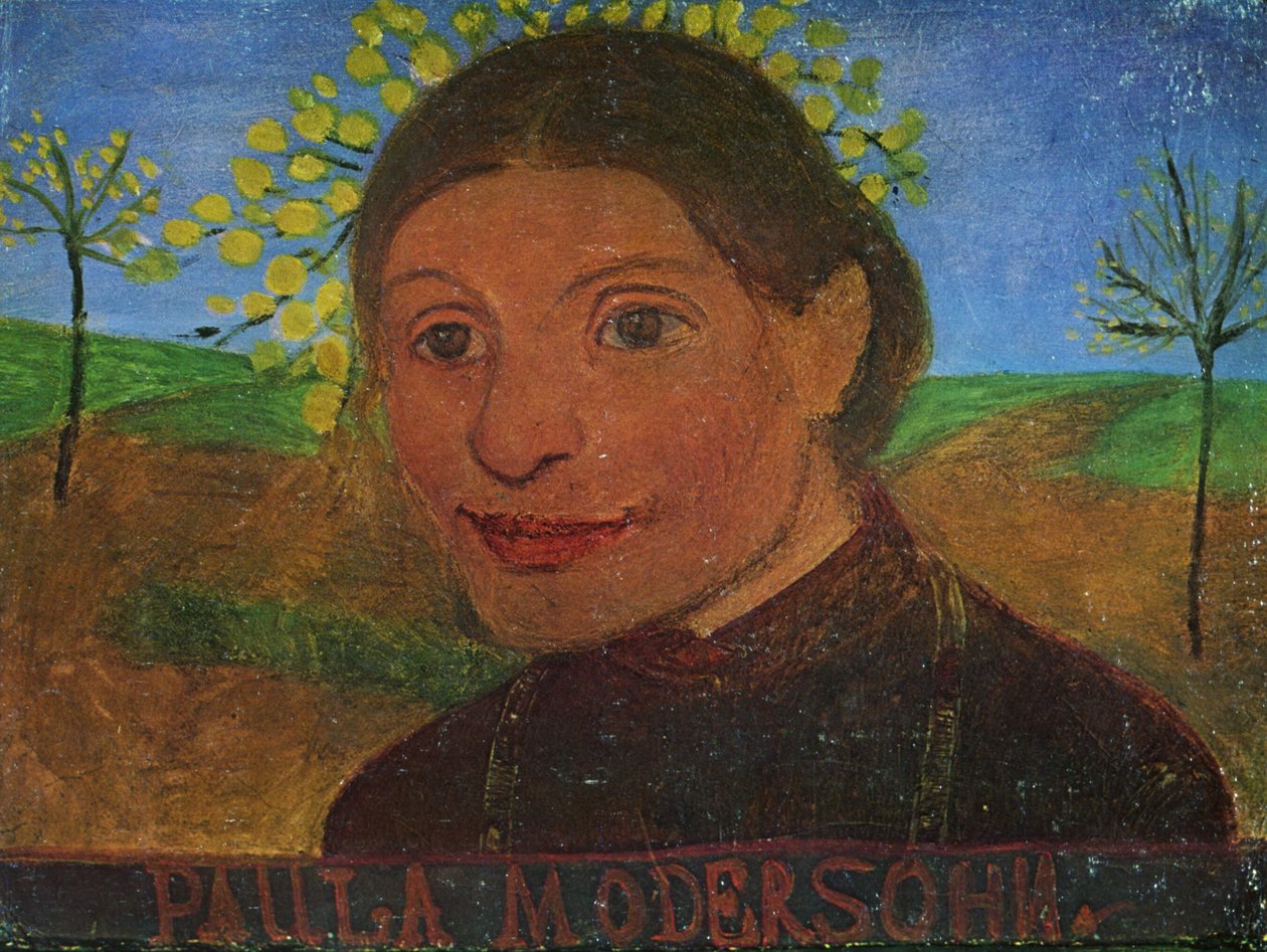 Çiçek açan ağaçların önünde kendi kendine portre by Paula Modersohn Becker