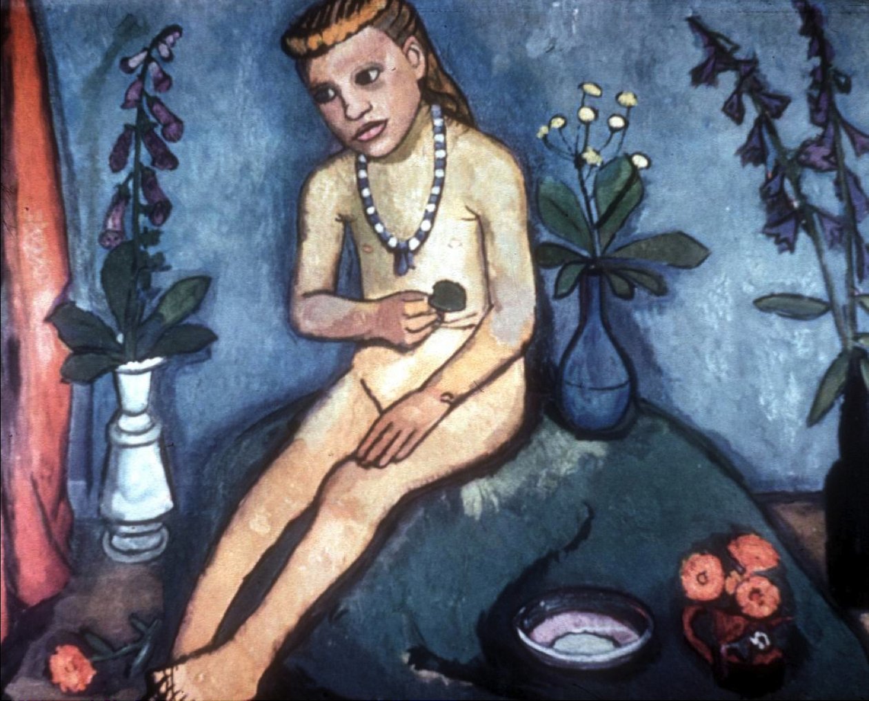 Çiçek vazoları ile oturan çıplak kız by Paula Modersohn Becker