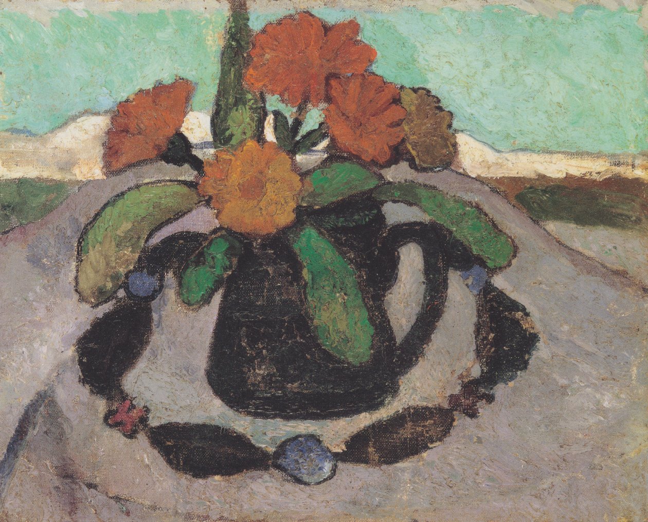 Bir manzara önünde kadife çiçeği ile natürmort by Paula Modersohn Becker
