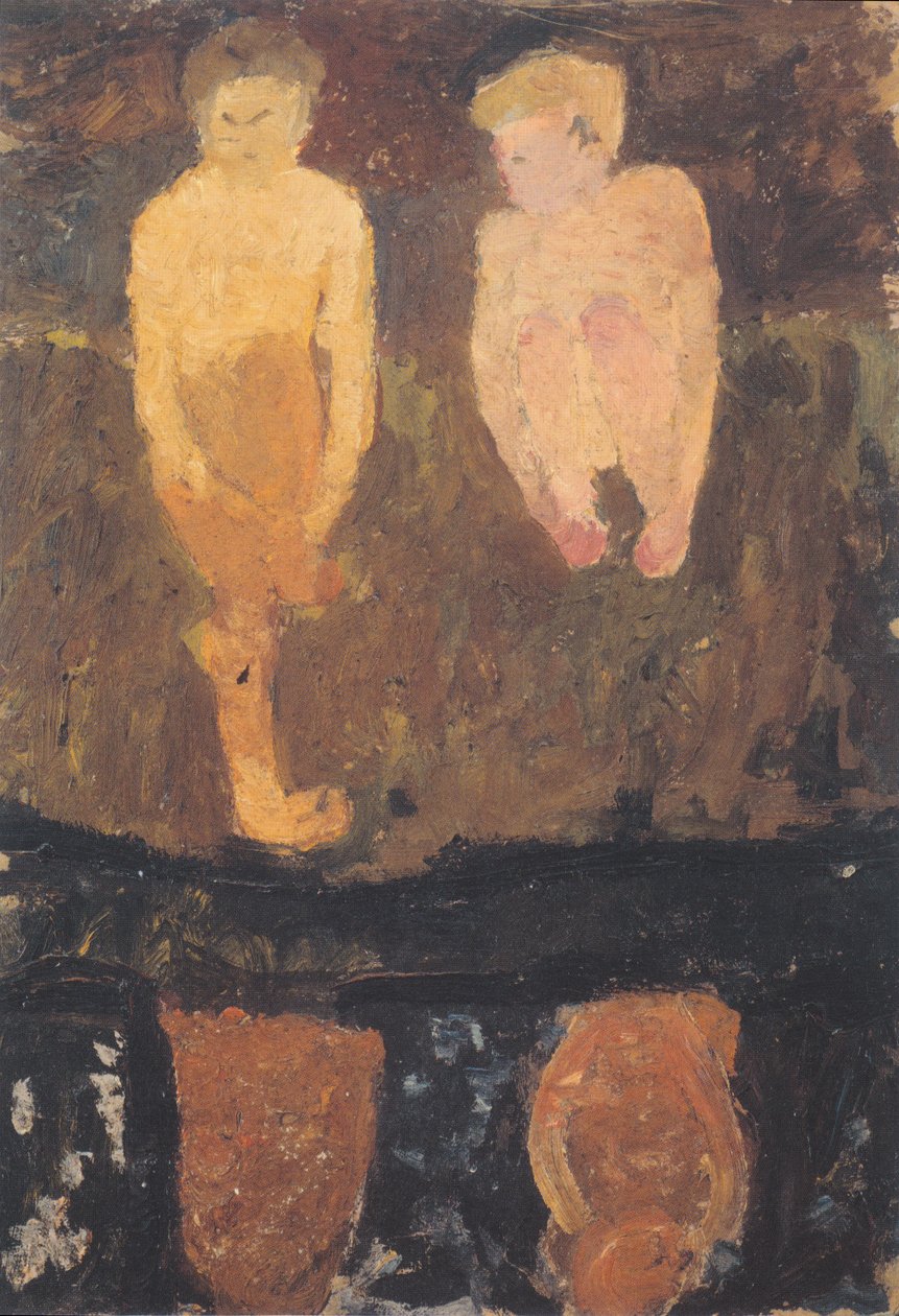 Banka II çömelmiş iki çıplak erkek by Paula Modersohn Becker