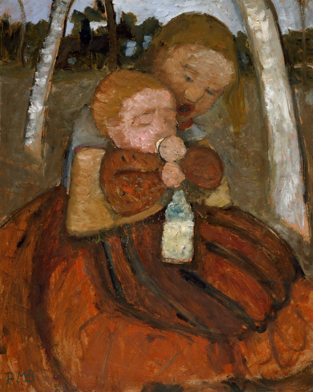 Huş ağaçlarının altında bebeği olan kız by Paula Modersohn Becker