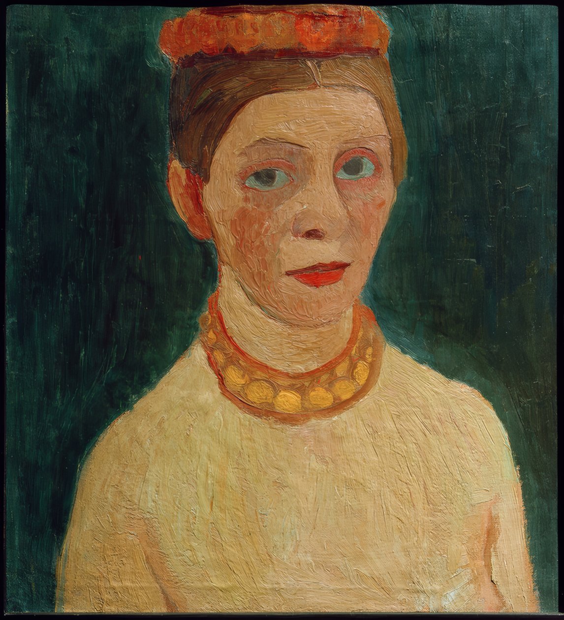 Saçında kırmızı bir çelenk olan otoportre by Paula Modersohn Becker