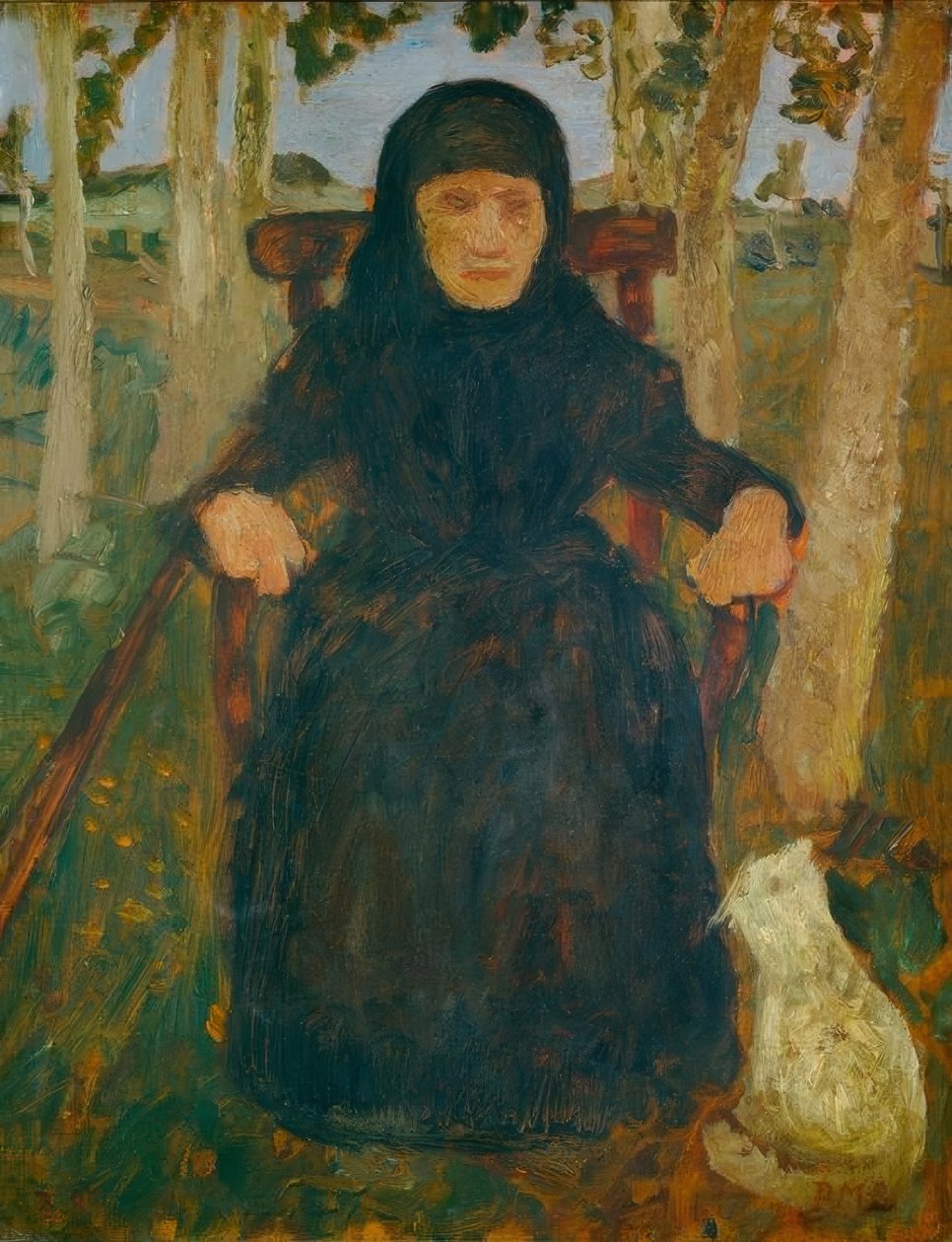 Bir kedi ile oturan yaşlı kadın by Paula Modersohn Becker