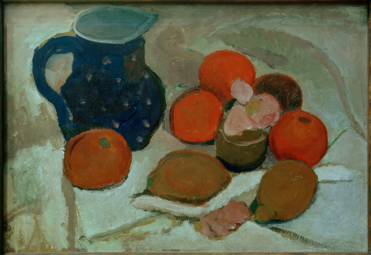 Mavi, beyaz noktalı bir sürahi ile natürmort (II) by Paula Modersohn Becker